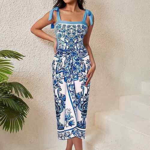 Conservative one-piece swimsuit printed beach skirt