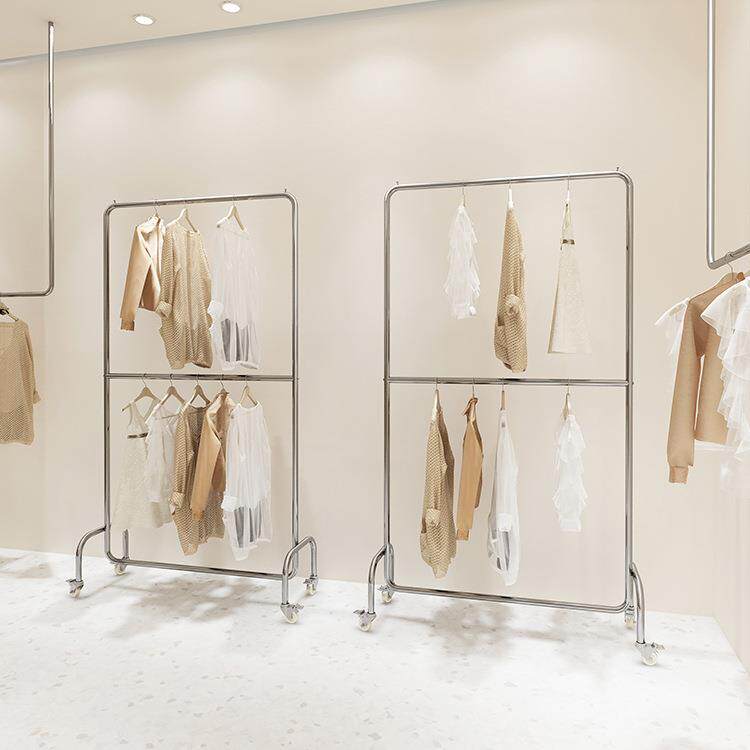 服装店展示架不锈钢双层挂衣架童装店货架展示架带轮可移动服装架