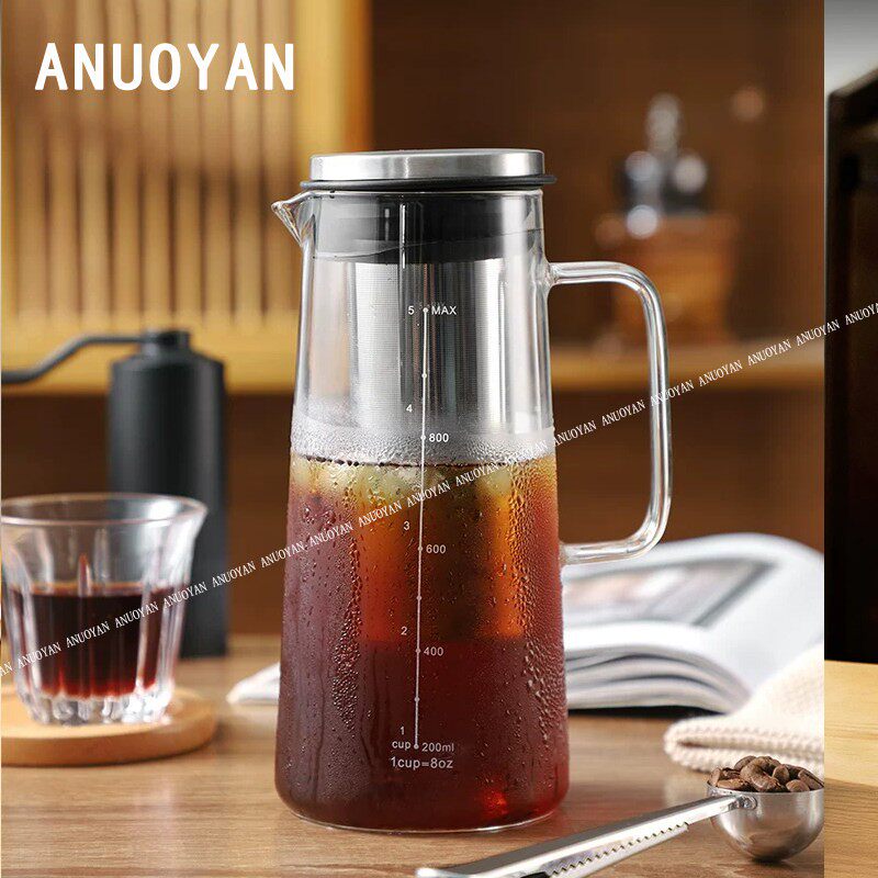 ANUOYAN玻璃咖啡壶大容量冷萃壶家用不锈钢滤网刻度冷萃杯水果壶
