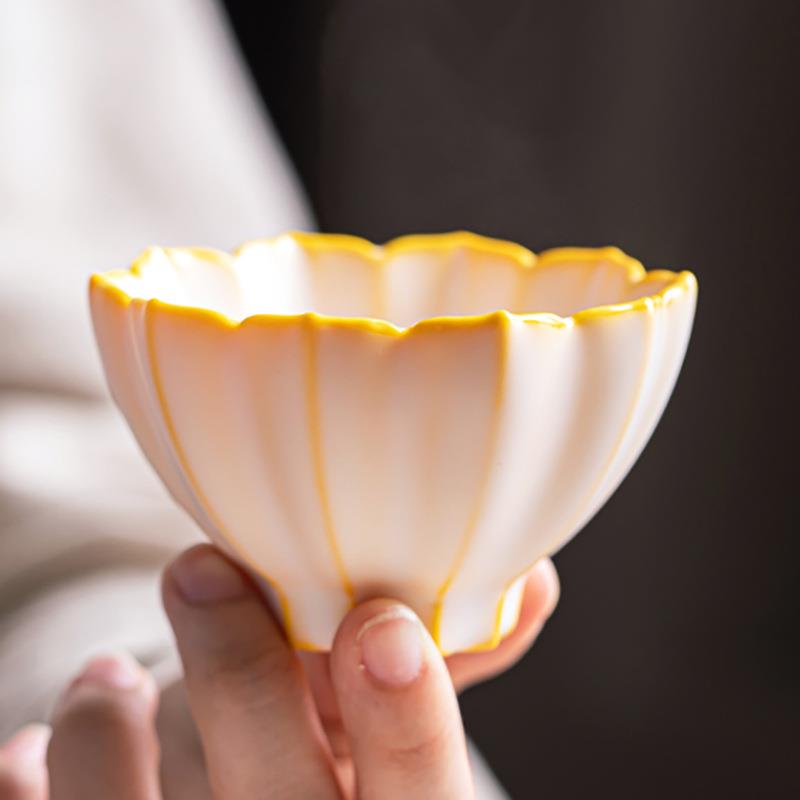 黄色汝窑茶杯开片猪油冻主人杯女品茗杯功夫茶具茶盏莲花杯陶瓷杯