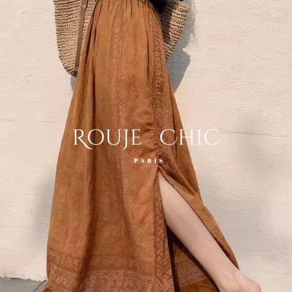 法国rouje chic咖色民族风印花后开叉半身裙女早春气质风显瘦裙子
