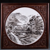 重工钢笔画山水瓷板画丁建红老师手绘装 饰画家居挂画高档陈列摆件