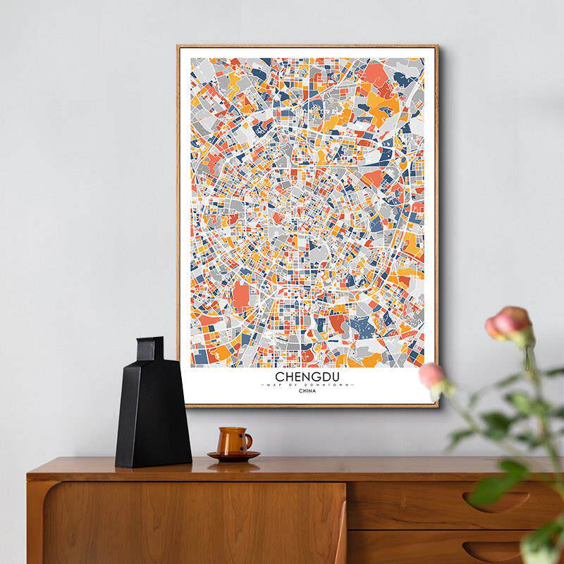鳟鱼 定制画 画北欧线 线描城市地图装饰画 画 客厅沙发背景墙挂