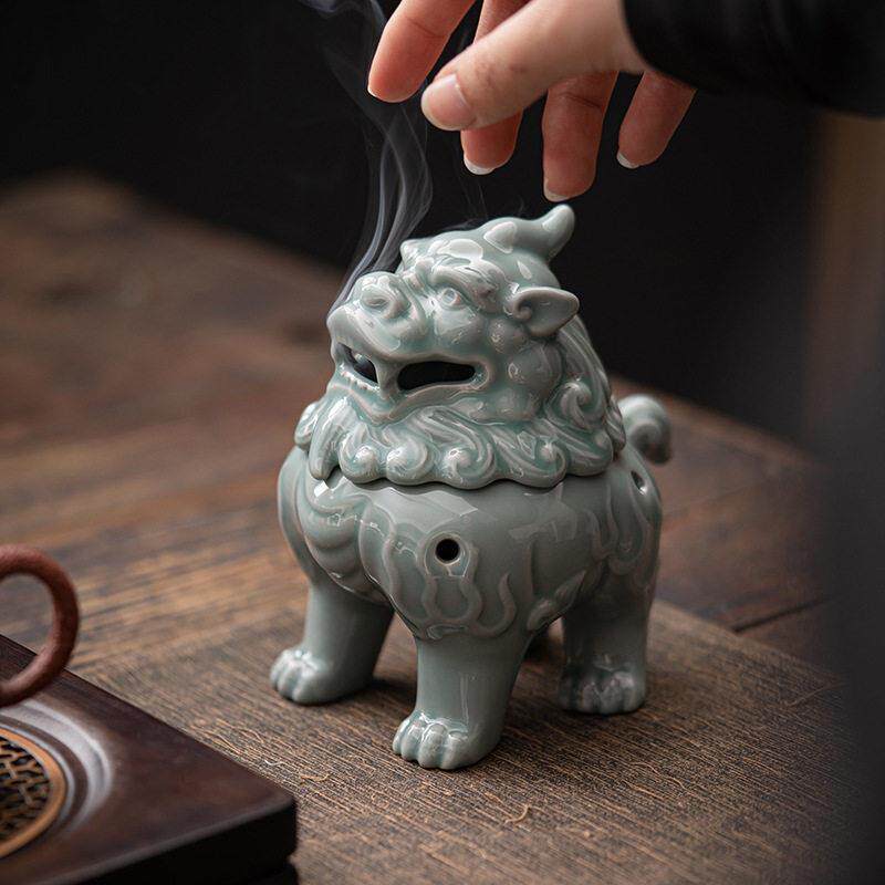 狻猊青瓷陶瓷盘香炉 越窑工艺礼品摆饰薰香摆件倒流香薰炉家居香