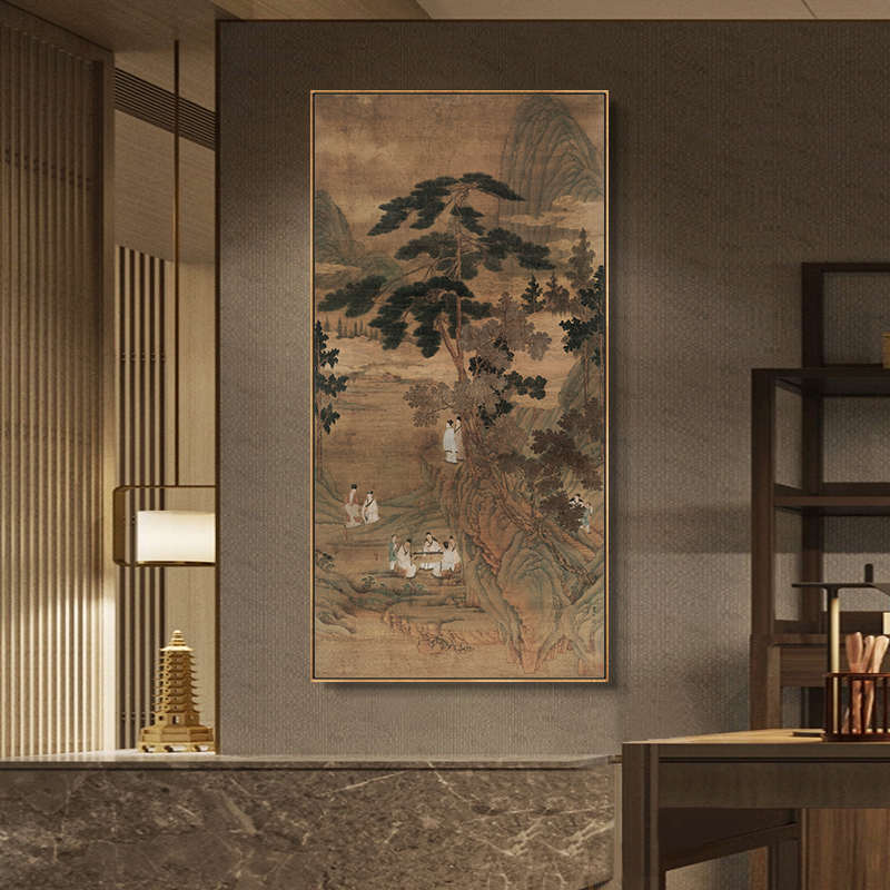 香山九老图古画中古风客厅玄关复古装饰画茶室背景墙竖版挂画带框