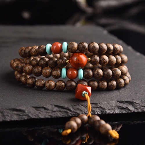 越南沉香6mm/108颗佛珠念珠手串配饰南红八菱珠药香味文玩收藏品