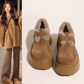 加绒加厚保暖雪地靴棉鞋 2025年新款 女冬季 香港真皮厚底增高勃肯鞋