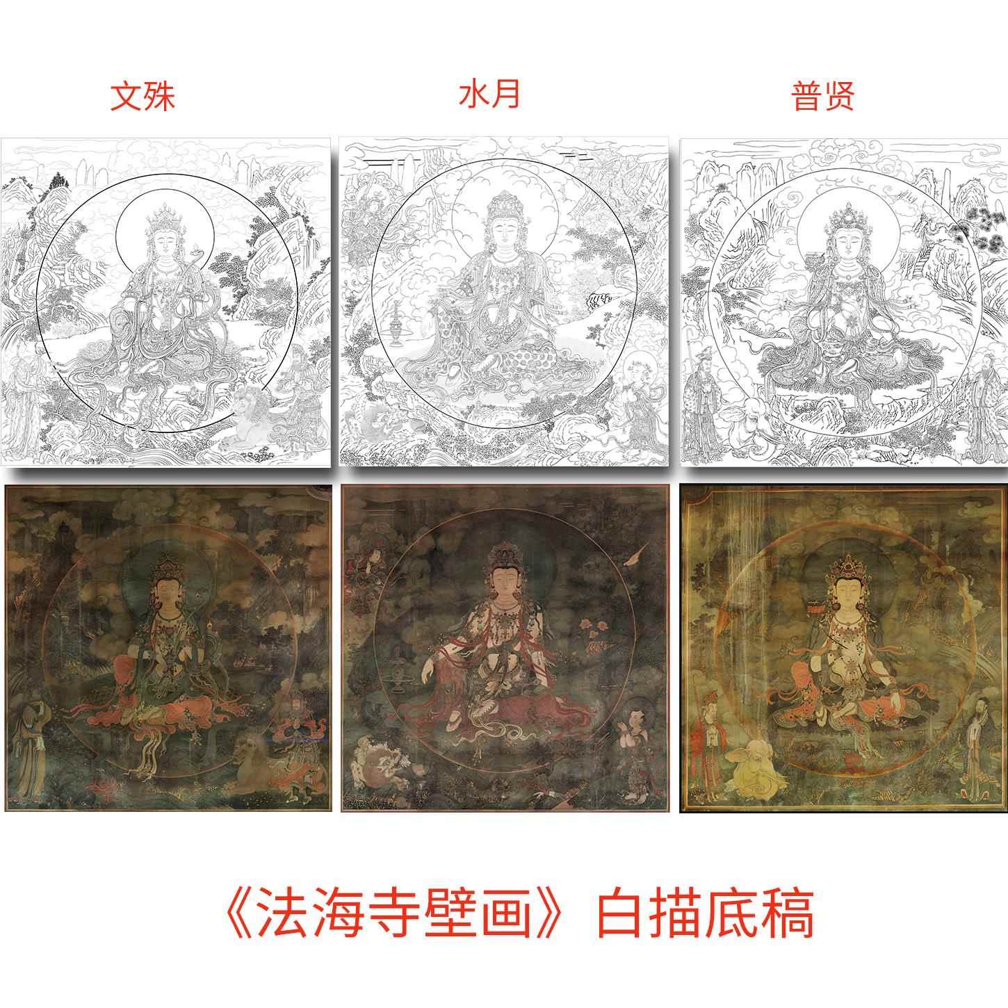 国画工笔画打印白描底稿人物水月观音初学者临摹勾线过搞上色练习