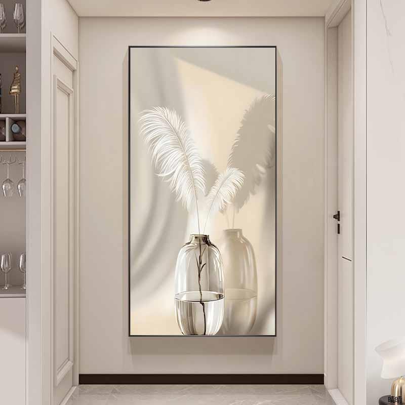 轻奢羽毛装饰画玄关竖版挂画 客现代装饰画