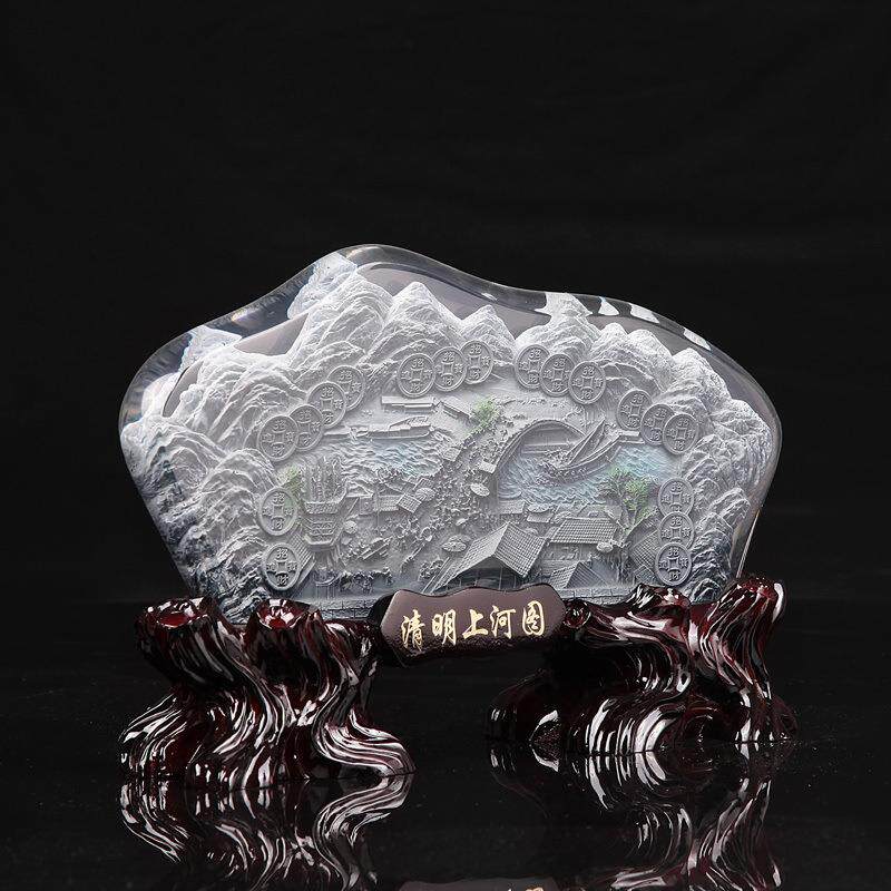 旅游纪念品清明上河图摆件水晶浮雕创意圆盘摆件办公桌摆设装饰品