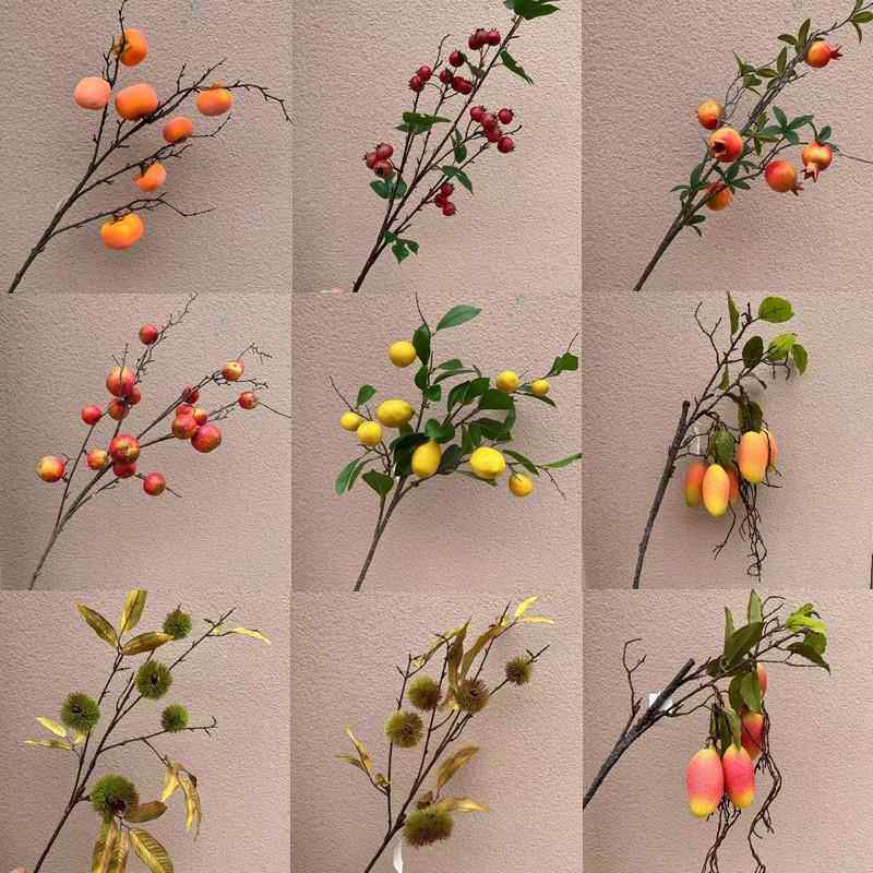 单支长杆仿真板栗苹果石榴柿子芒果柠檬山楂 水果假树枝装饰果子
