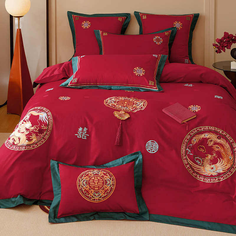 新中式婚庆双股纯棉四件套龙凤刺绣红色新婚结婚被套床上用品喜嫁,床上用品,婚庆床品套件,淘宝优惠券,粉丝福利购,淘宝优惠卷