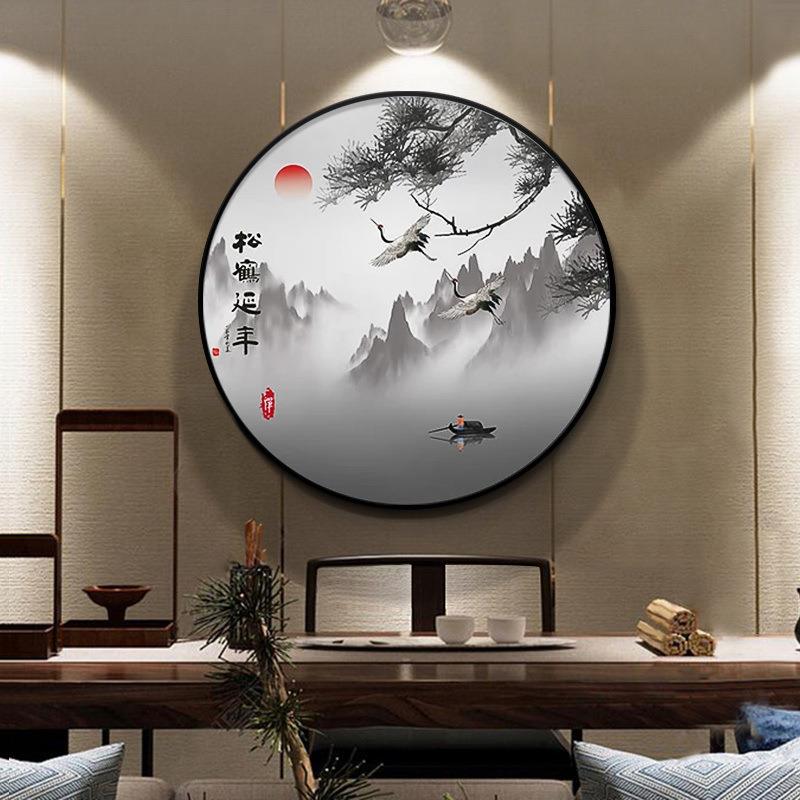 新中式圆形玄关走廊过道装饰画中国风油画餐厅客厅山水茶室壁挂画