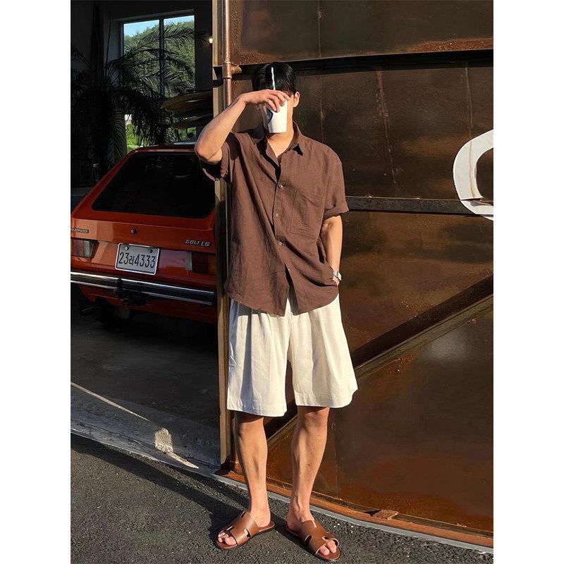 老钱风日系薄款复古短袖工装衬衫男港风宽松百搭半袖亚麻衬衫潮