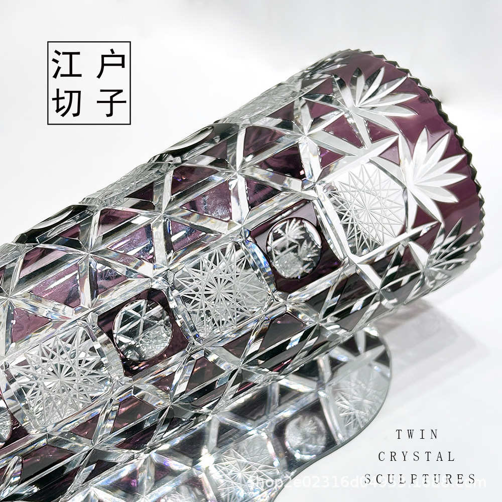 中式经典花瓶家用子透明水晶玻璃切雕刻插花款手工江户