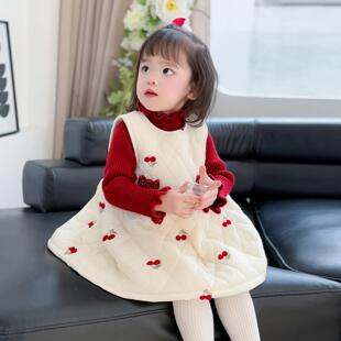 女童加绒夹棉樱桃背心裙毛衣套装秋冬女宝宝甜美绗棉马甲裙两件套