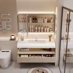 肤感一体盆原木色酒店风智能轻奢洗漱洗脸柜卫生间双层浴室柜组合