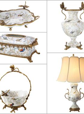 欧式奢华摆件陶瓷镶铜果盘家居客厅花瓶摆设餐桌抽纸盒卧室摆件