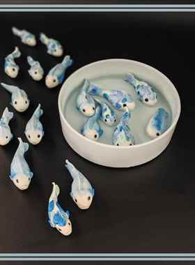 原创纯手工捏制陶瓷锦鲤招财流水器鱼缸微景观装饰桌面摆件