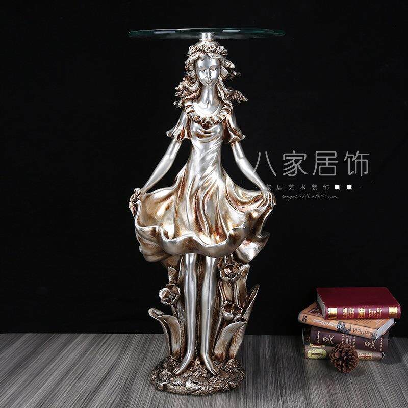 外贸跨境雕塑 欧式复古美女玻璃茶几树脂摆件工艺品 沙发边几热卖