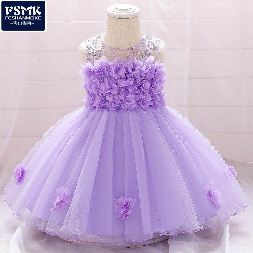 欧美新款年夏季儿童礼服抹胸花朵网纱蓬蓬裙花边花童婚纱礼服定制