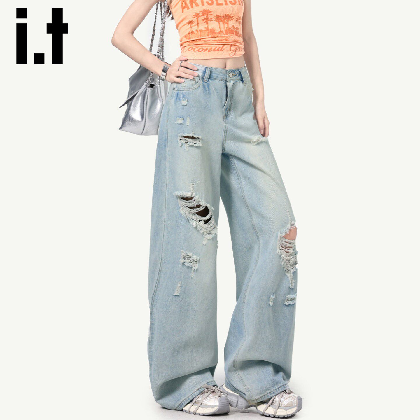 it:CHOCOOLATE浅色牛仔裤女2026新款夏季美式破洞高腰直筒宽裤