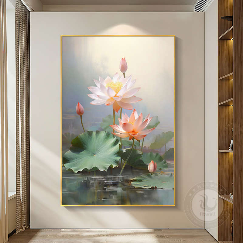 荷花手绘油画现代新中式入户玄关装饰画走廊过道餐厅客厅挂画图片