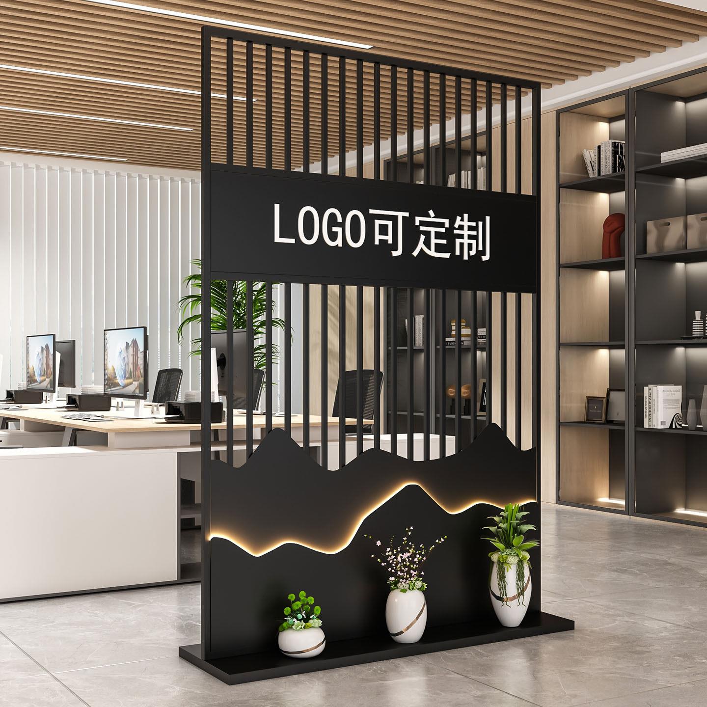 办公室铁艺玻璃隔断玄关屏风简约公司竖条镂空装饰前台进门形象墙