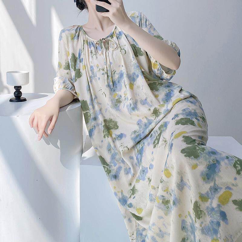 棉绸睡裙夏季女款春秋款睡衣高级感中长版薄款绵绸长裙家居裙大尺