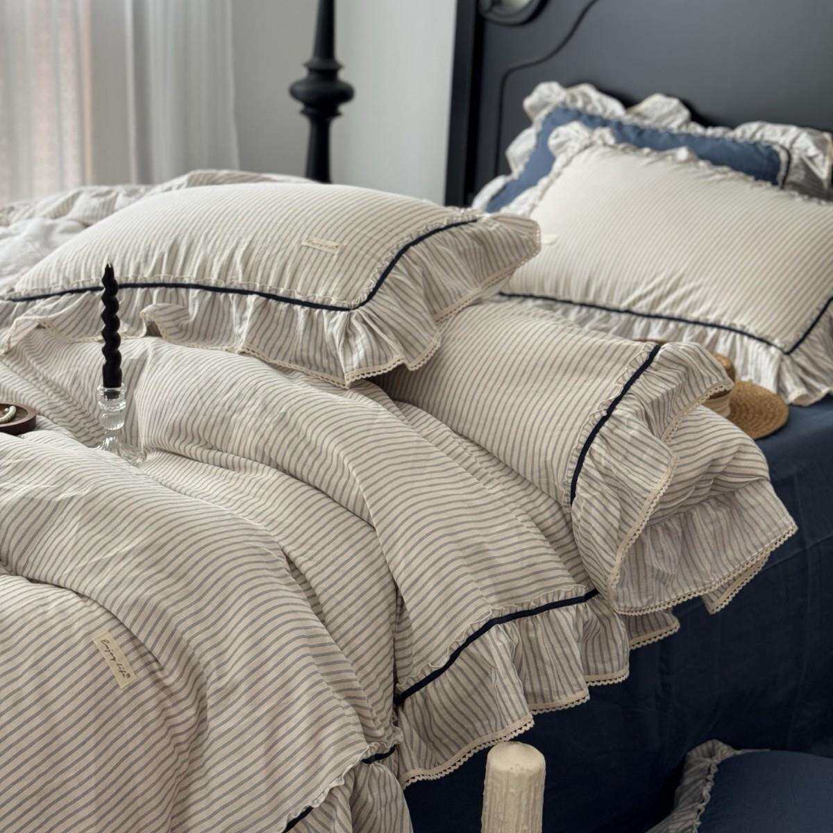 韩系黑白条纹全棉双层纱四件套棉织带花边纯棉床单被套套件简约