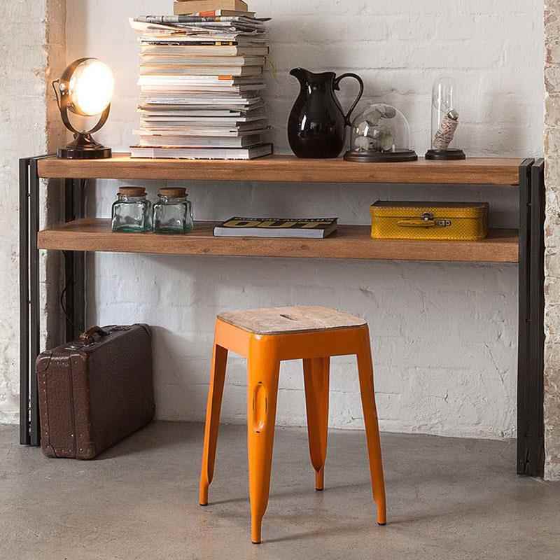 loft复古实木玄关桌工业风铁艺做旧条案台简约长条双层靠墙桌子