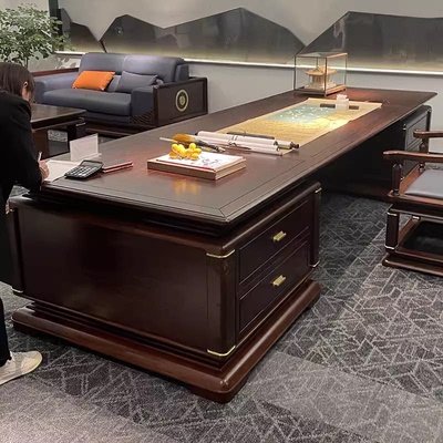 新中式办公桌实木大班台老板桌乌金木轻奢简约办公室家具主管桌