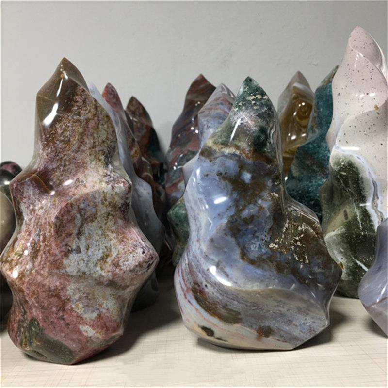 厂家天然石材海洋碧玉原石打磨火炬摆件海洋石火炬跨境直播