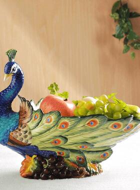 黎采《富贵吉祥》手绘陶瓷孔雀大果盘新中式欧式客厅餐桌家用装饰
