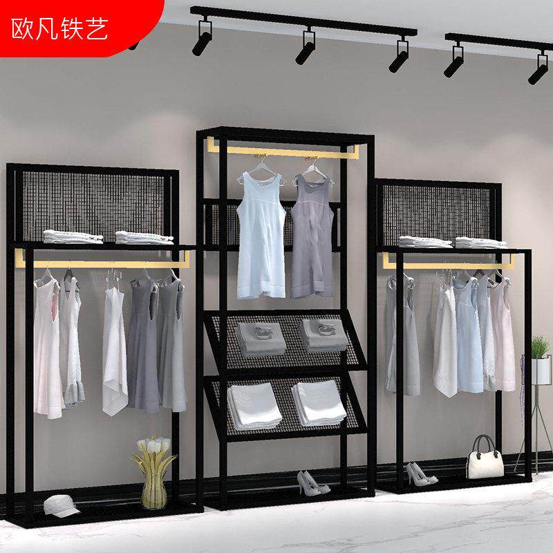 男装服装店衣架展示架落地式双层高柜多功能货架专卖店陈列架金色