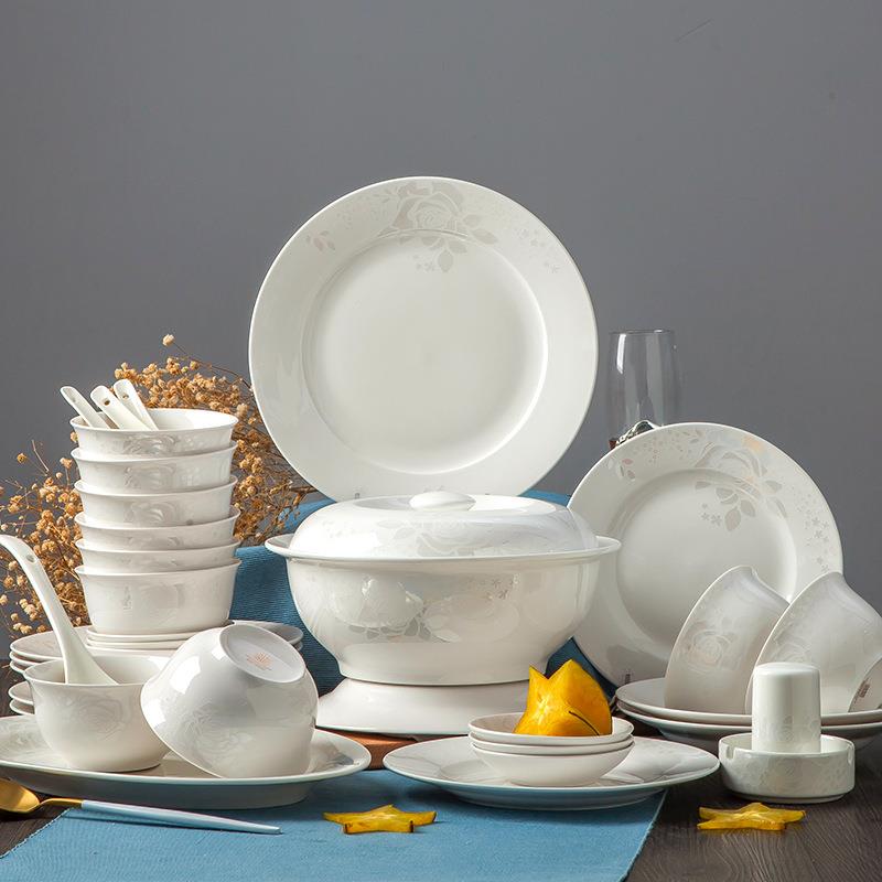 景德镇釉上彩 陶瓷餐具 白玫瑰家用瓷碗套装骨瓷碗碟餐具套装