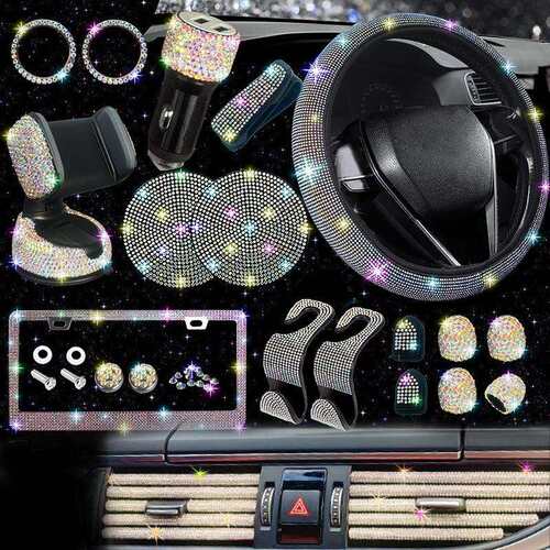 汽车方向盘套防滑舒适弹力车把套镶钻美规车牌框水钻汽车装饰跨境