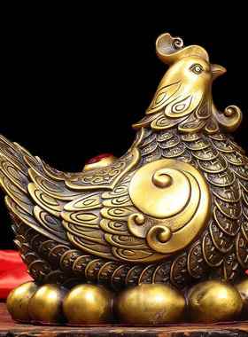 纯黄铜金钱母鸡摆件 金鸡下蛋孵蛋母鸡 生肖铜鸡摆设