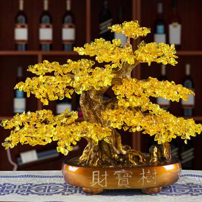 天然黄水晶摇钱发财树风水招财盆景摆件家居电视酒柜手工客厅装饰
