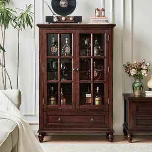 展帝罗堡美式 实木樱酒柜靠墙ws609矮客厅桃木小酒柜带玻璃门复古