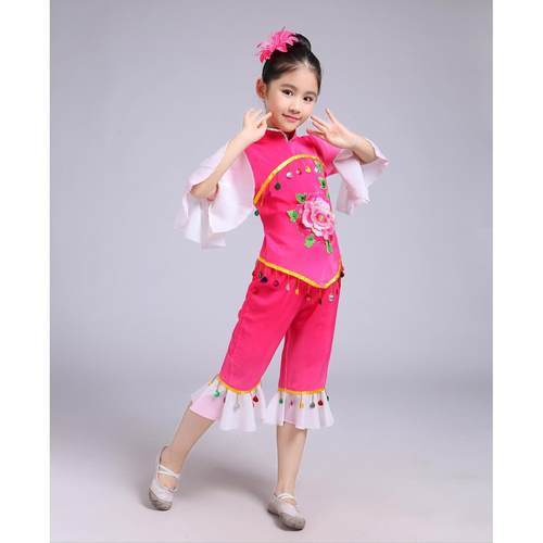 高档六一儿童演民出秧歌幼儿汉女族舞蹈服装服族古典扇子舞腰鼓表