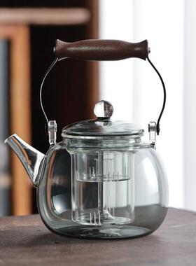提梁壶蒸煮一体家用大容量蒸煮茶壶烟灰色木把玻璃煮茶壶星空壶