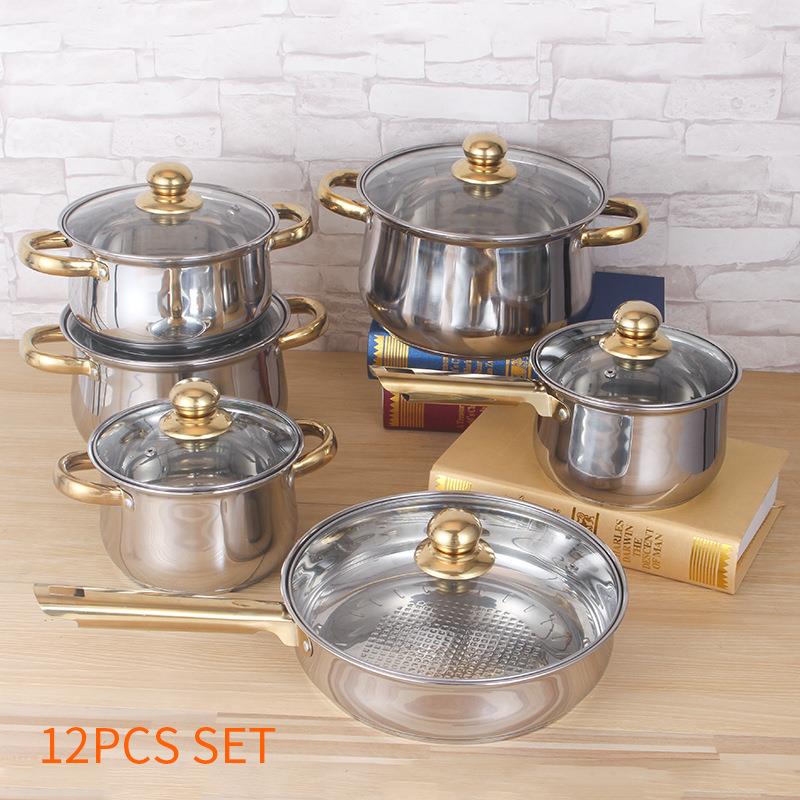 cookware set不锈钢10件套锅具厨房烹饪奶锅出口炖汤锅镀金手把