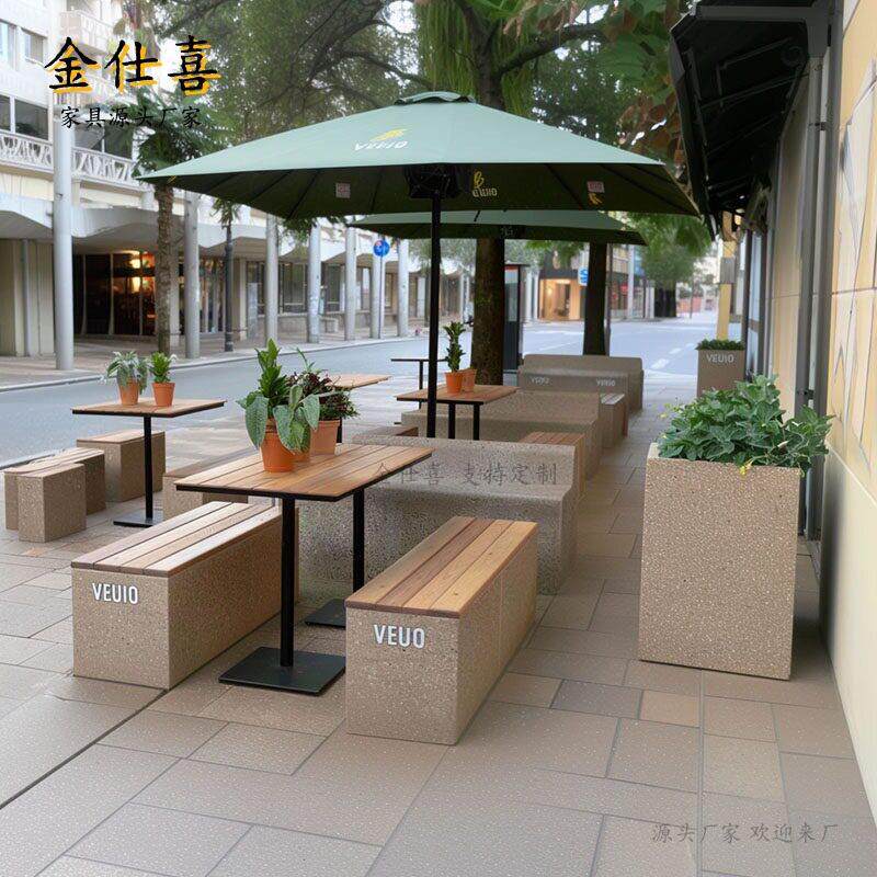 奶茶店咖啡屋户外休闲桌椅长凳餐厅外摆水磨石铁艺桌椅组合塑木座