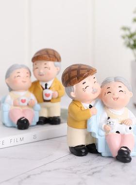 如果 中式树脂情侣相伴到老摆件 创意烘焙车载蛋糕摆件家居饰品
