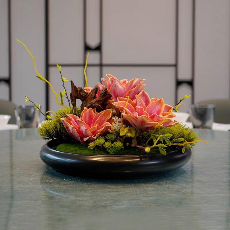 圆桌中间摆件中式餐桌花摆花仿真花茶桌前台花艺假花摆设