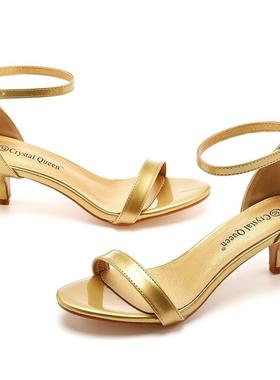 金色浅口一字带凉鞋细跟鱼嘴大码凉鞋Open toe high heel sandals