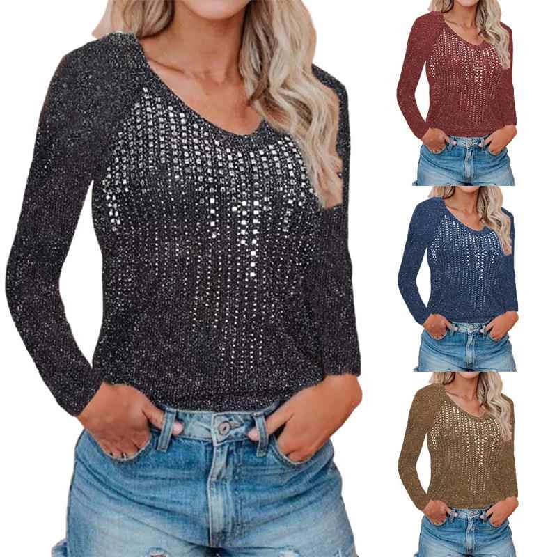 top knitted diamond sparkling nightclub V-neck sleeve long