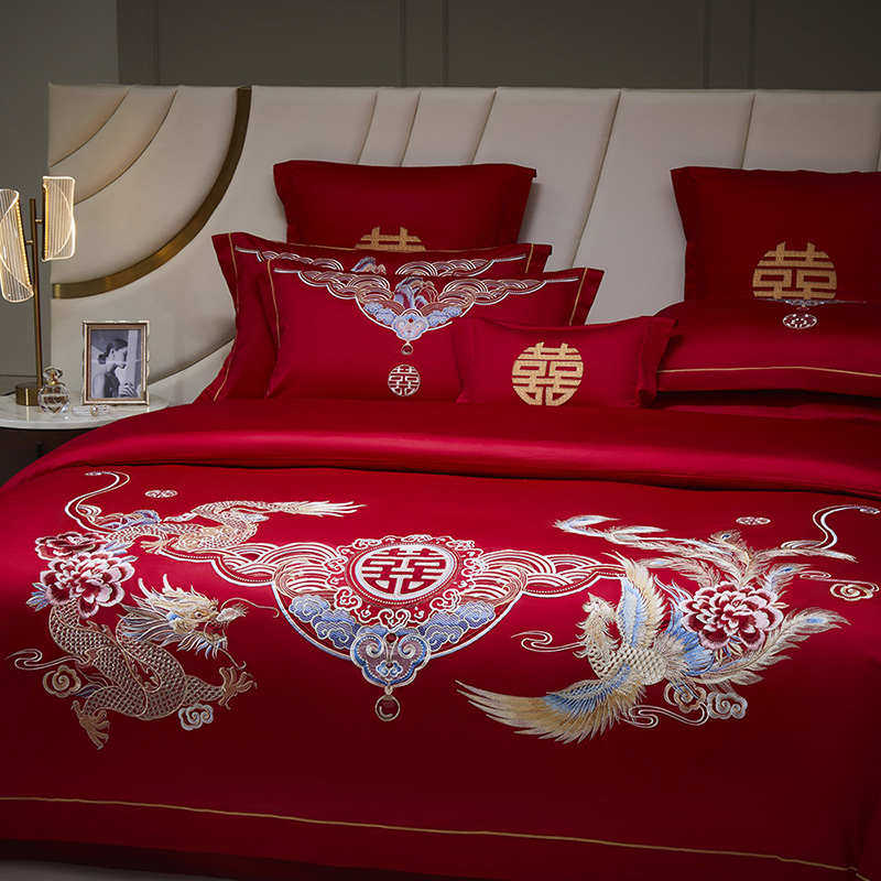 高档龙凤婚庆四件套100支长绒棉大红色纯棉全棉结婚喜被床上用品4,床上用品,婚庆床品套件,淘宝优惠券,粉丝福利购,淘宝优惠卷