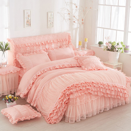 韩版公主蕾丝床裙式四件套，床罩床上用品花边纯色磨毛床套多件套